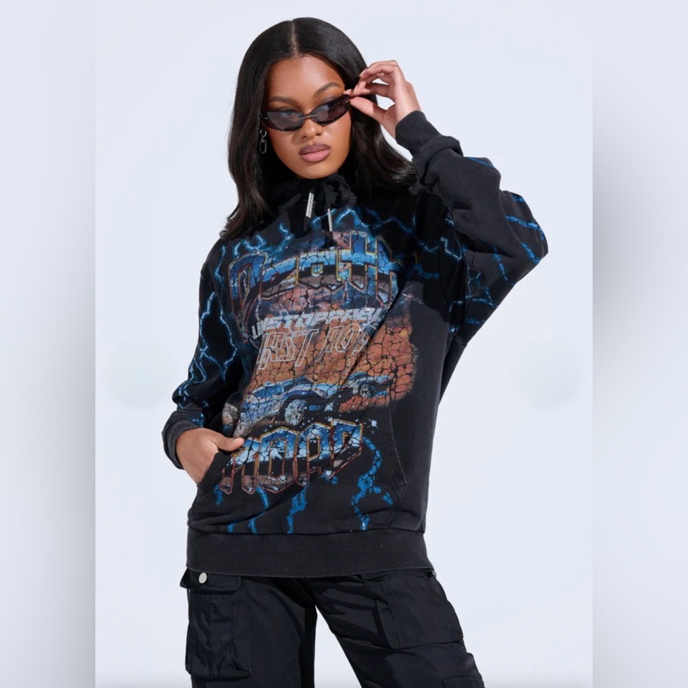 First Row Graphic Black and Blue Hoodie Sweater